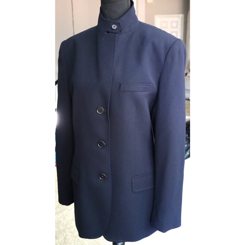 Ralph Lauren Vintage 90s Navy Blue Wool Blazer Stand Mandarin Collar Womens 12 - Picture 4 of 8